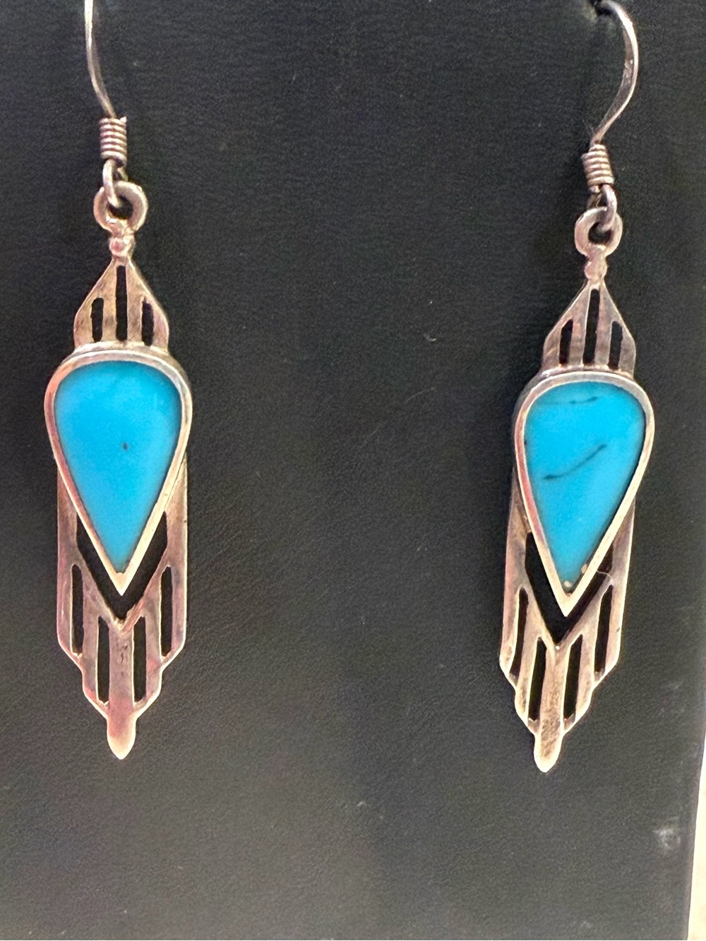 Vintage Southwestern Art Deco Sterling Silver Turquoise Geometric Dangle Earring